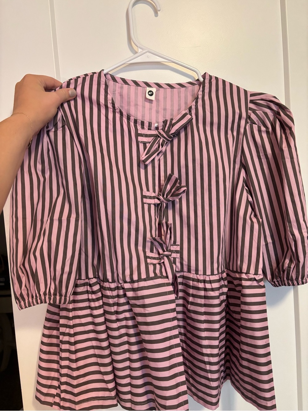 Striped Pink and Brown Bow-Front Peplum Top